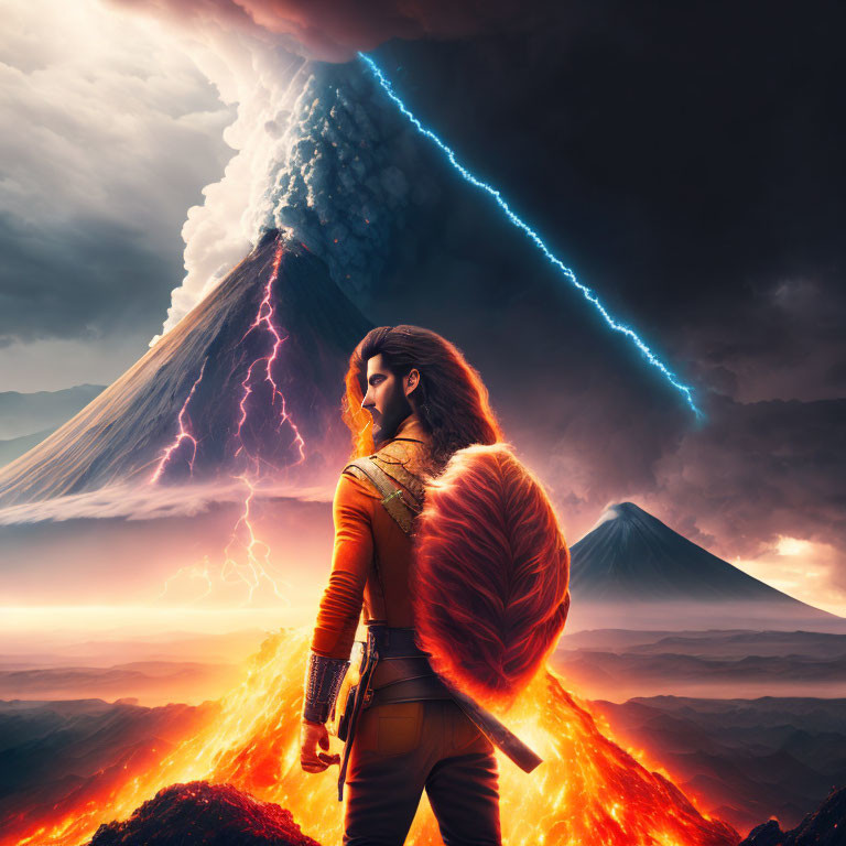 Person in Red Cloak Before Erupting Volcano with Lightning