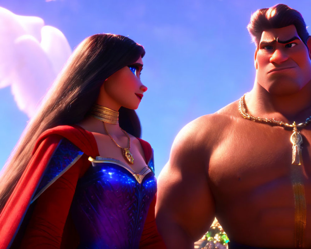 Muscular man and dark-haired woman standing together under bright sky