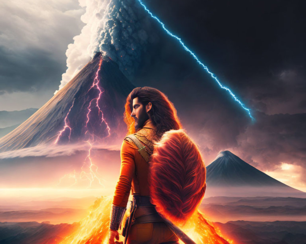 Person in Red Cloak Before Erupting Volcano with Lightning