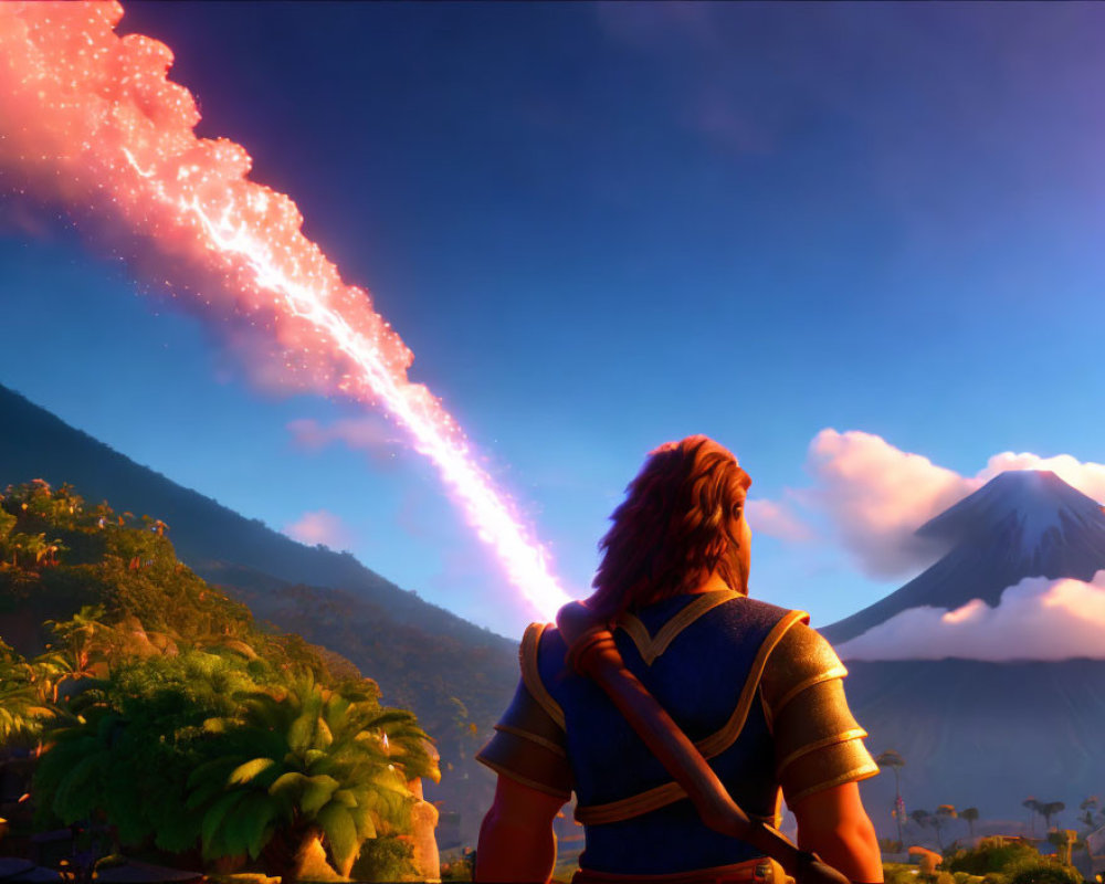 Stylized animated character watching erupting volcano at sunset