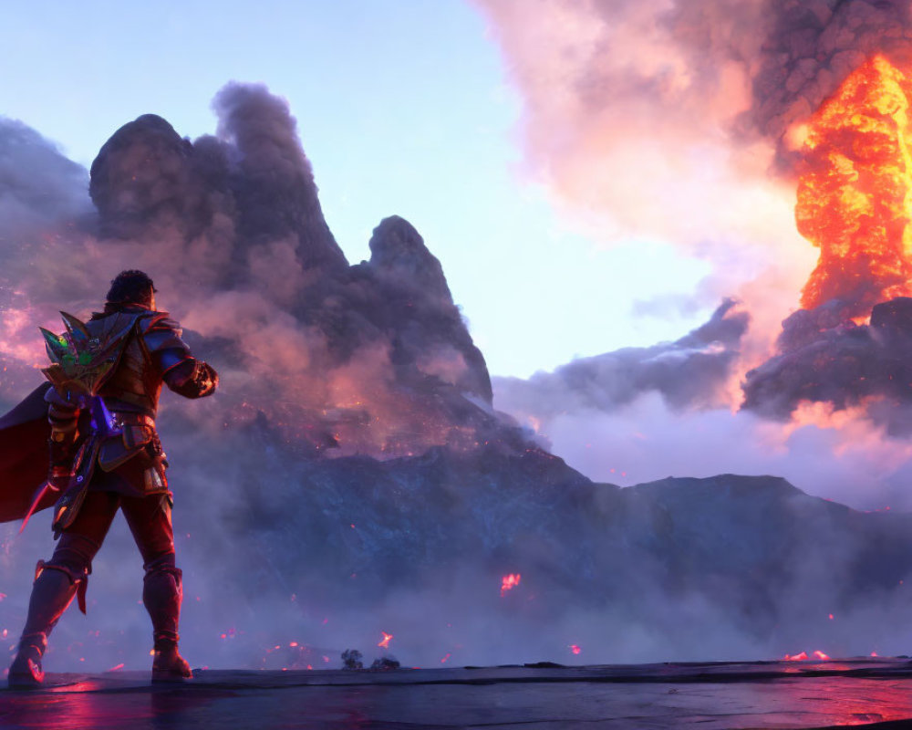 Warrior in Red Cloak Stands by Erupting Volcano