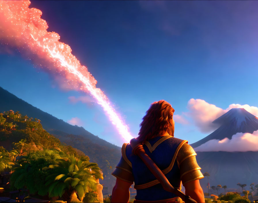 Stylized animated character watching erupting volcano at sunset