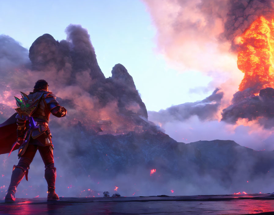 Warrior in Red Cloak Stands by Erupting Volcano