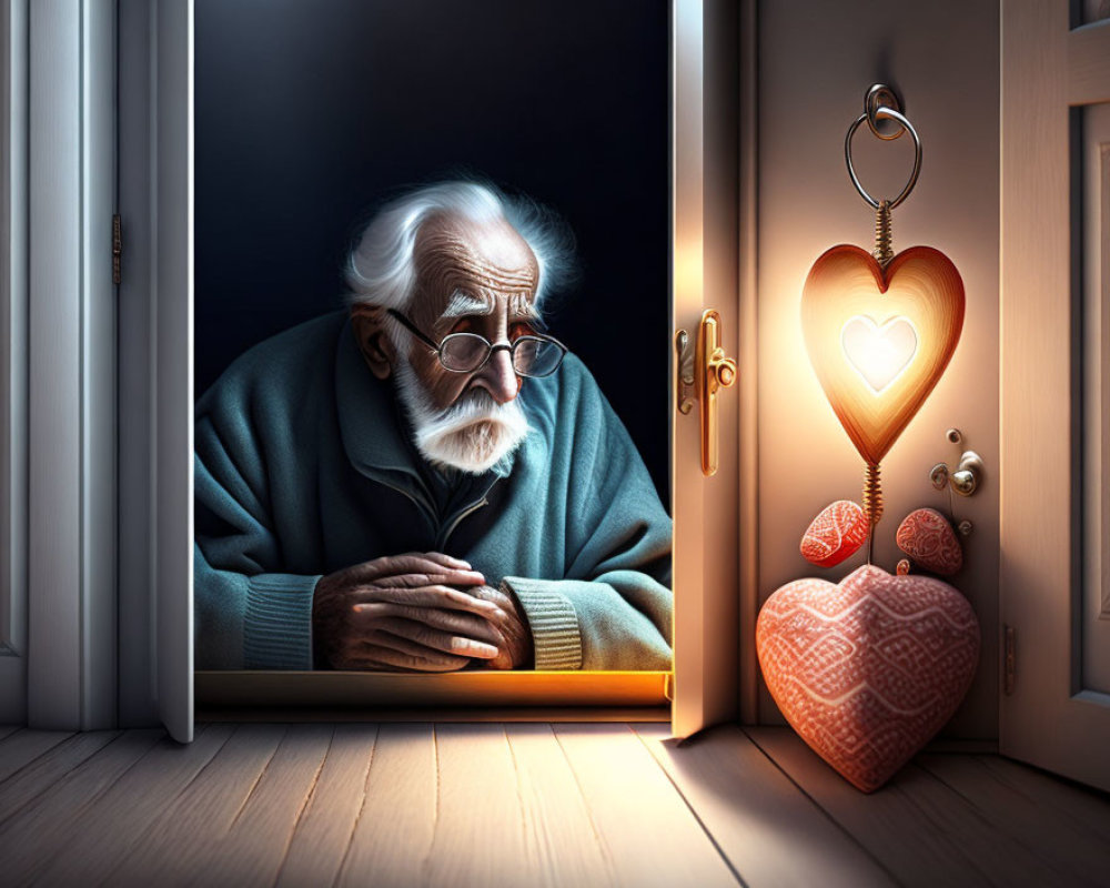 Elderly man with glasses and white beard gazes out door at night with heart-shaped lamp glow