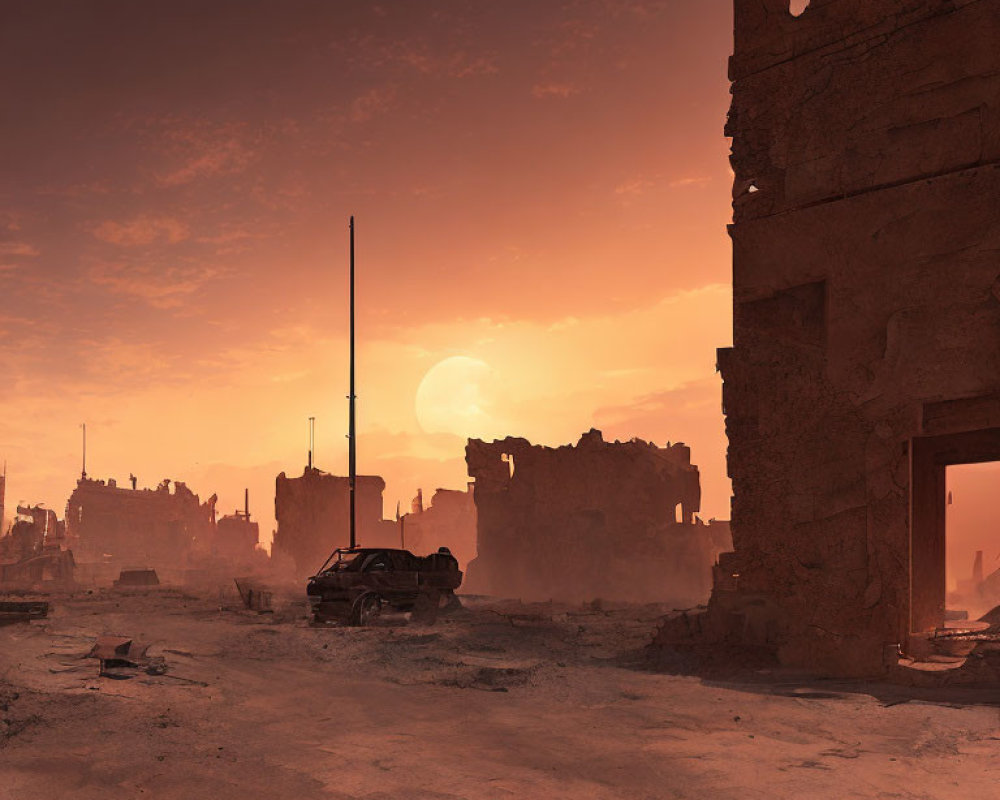 Dystopian sunset scene with ruined buildings and lone vehicle in hazy sky