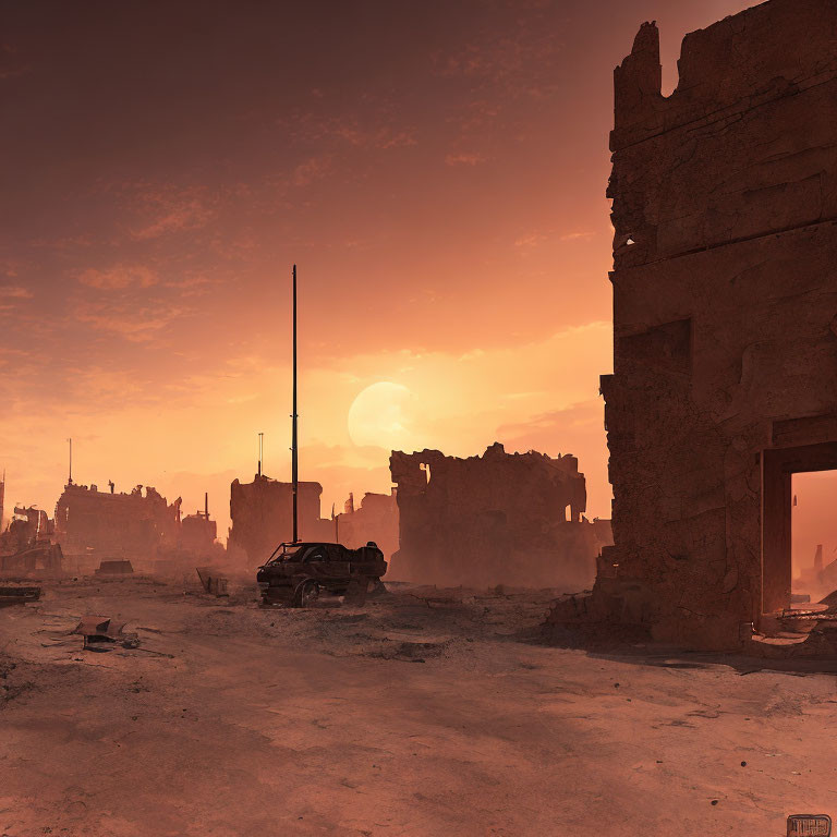 Dystopian sunset scene with ruined buildings and lone vehicle in hazy sky