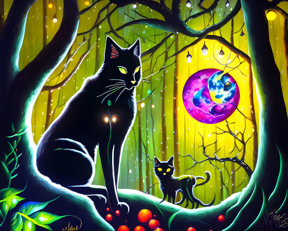 Colorful artwork: Two black cats in mystical forest with moon and lanterns