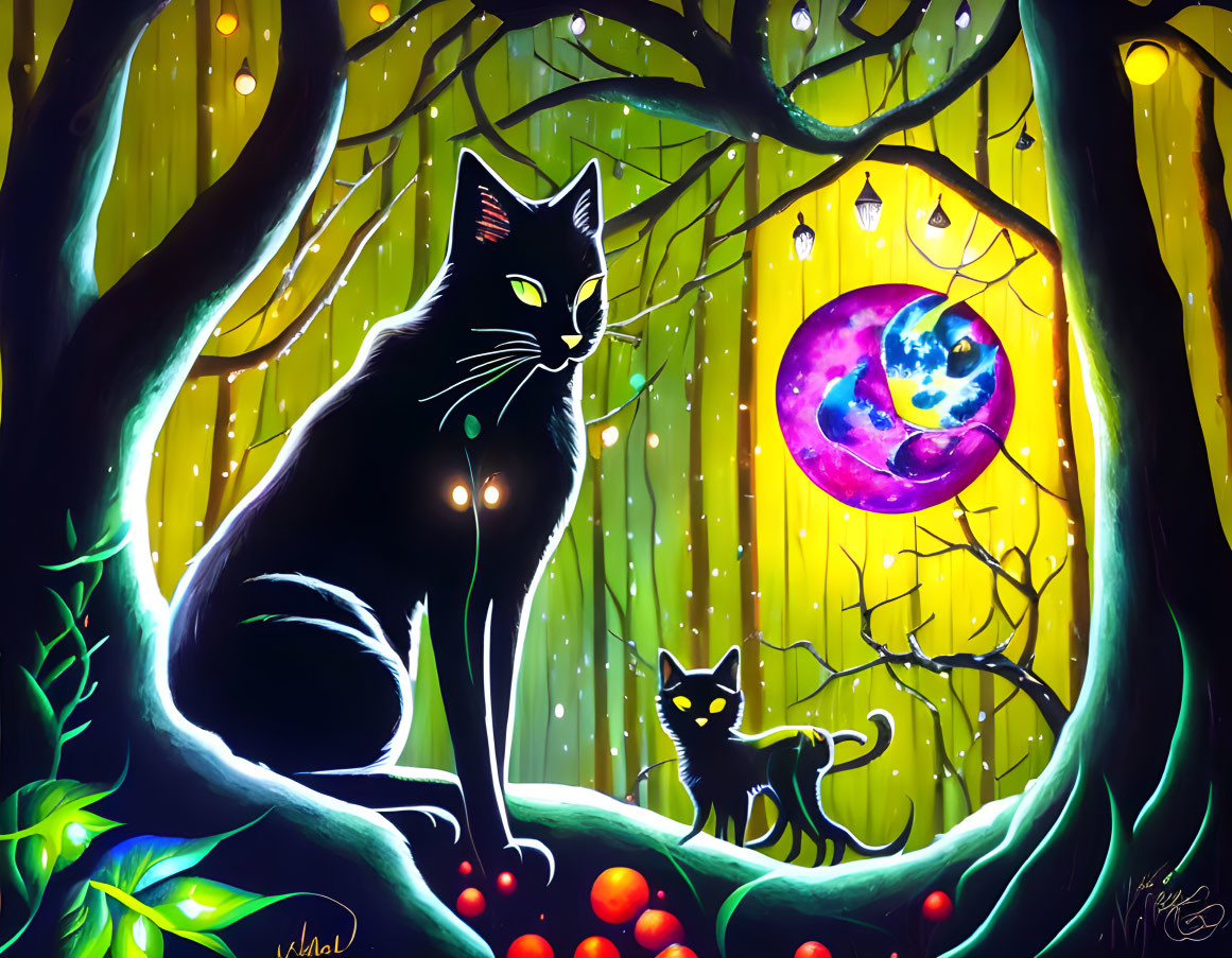 Colorful artwork: Two black cats in mystical forest with moon and lanterns