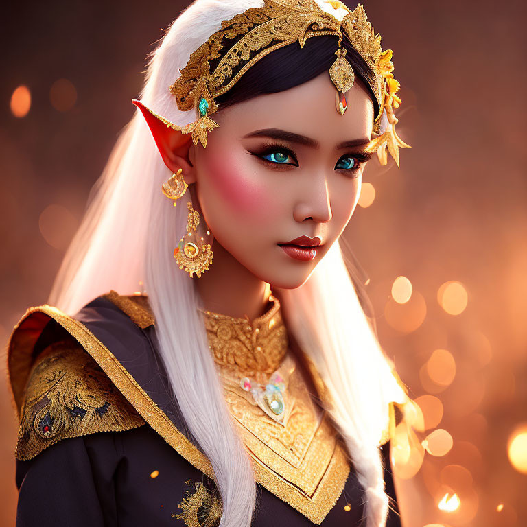 Fantasy-inspired portrait of female character with pointed ears and ornate gold headpiece