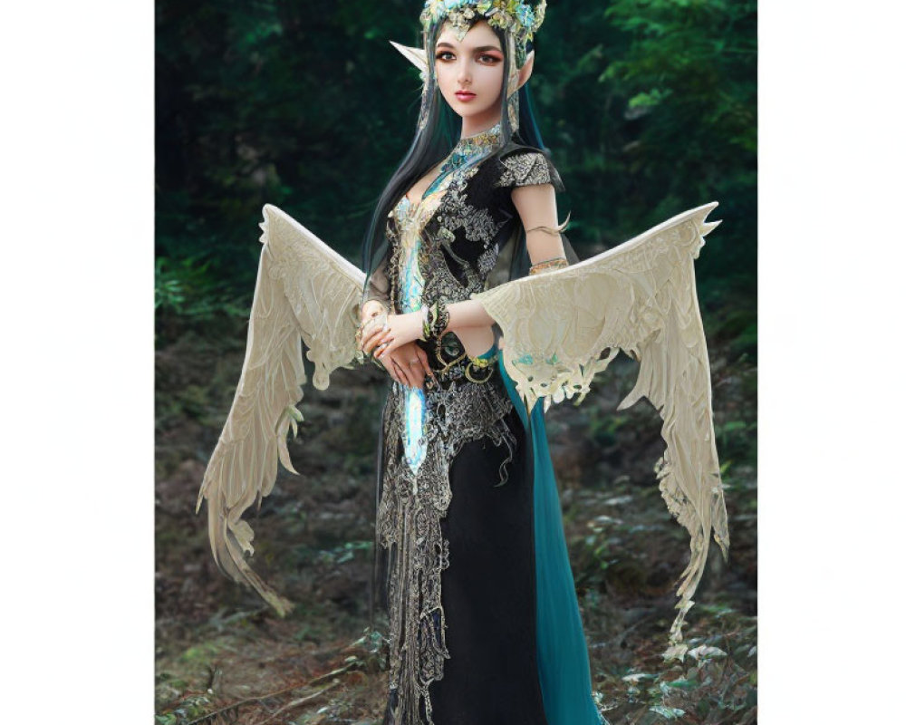 Ethereal woman in fantasy costume with wings in mystical forest setting