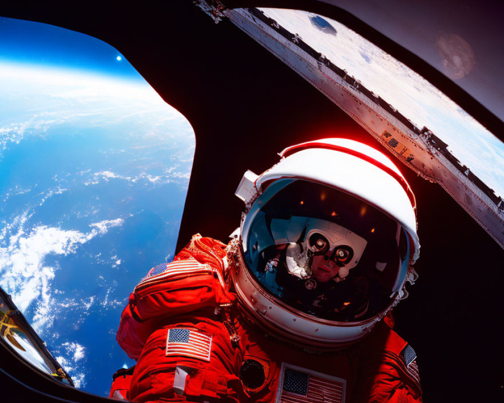 Astronaut in red and white spacesuit spacewalking with Earth's curvature visible