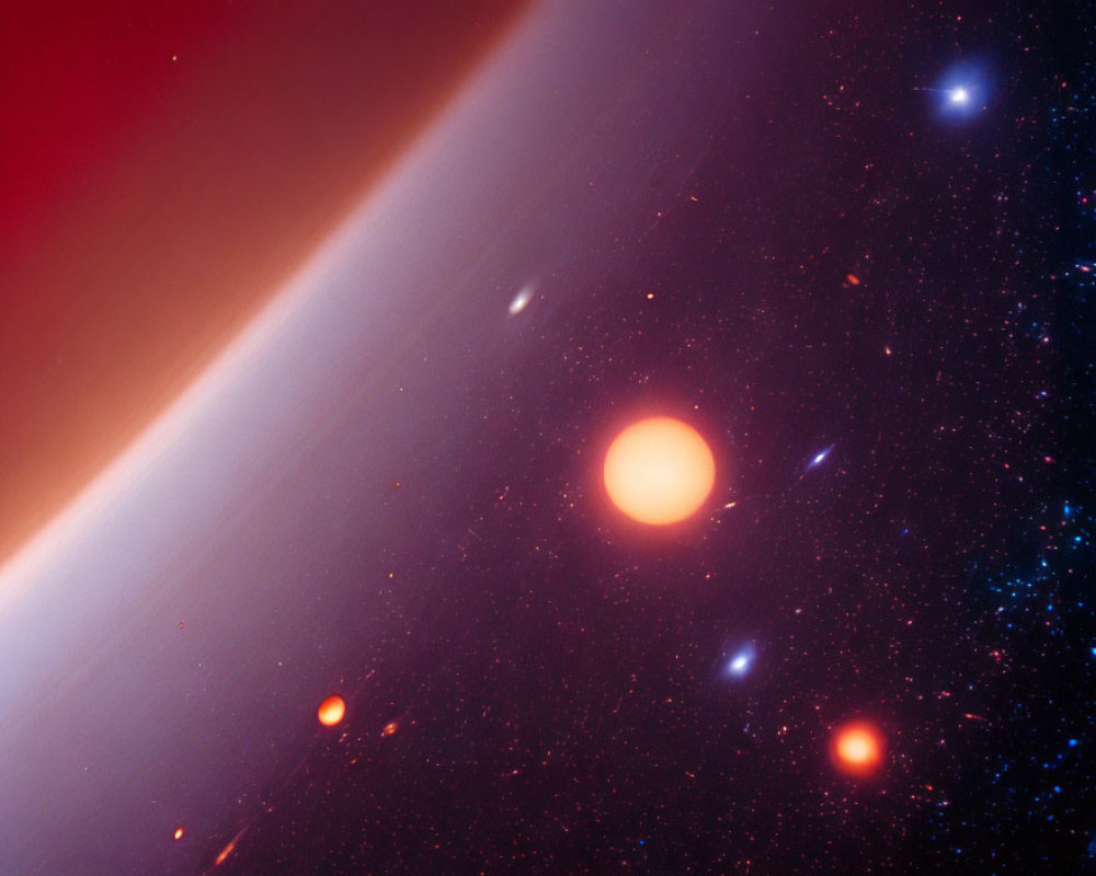 Colorful space scene with orange planet, rings, stars, and celestial bodies