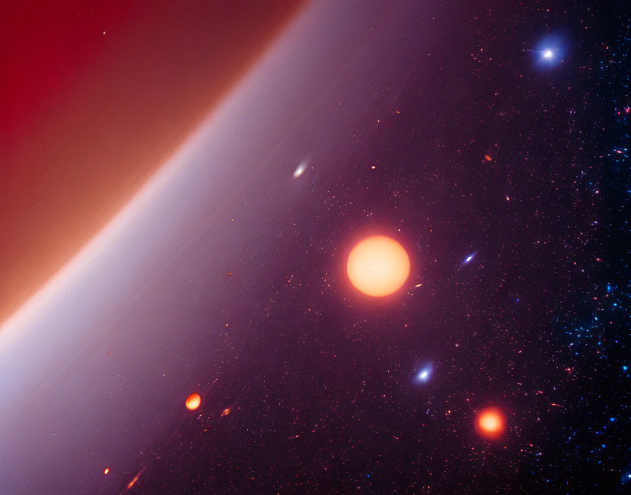 Colorful space scene with orange planet, rings, stars, and celestial bodies