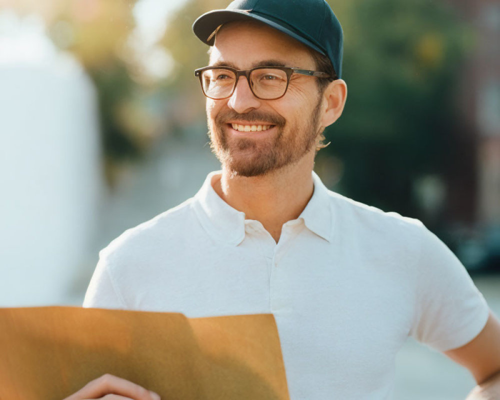 Bearded man in glasses and cap holding envelope outdoors