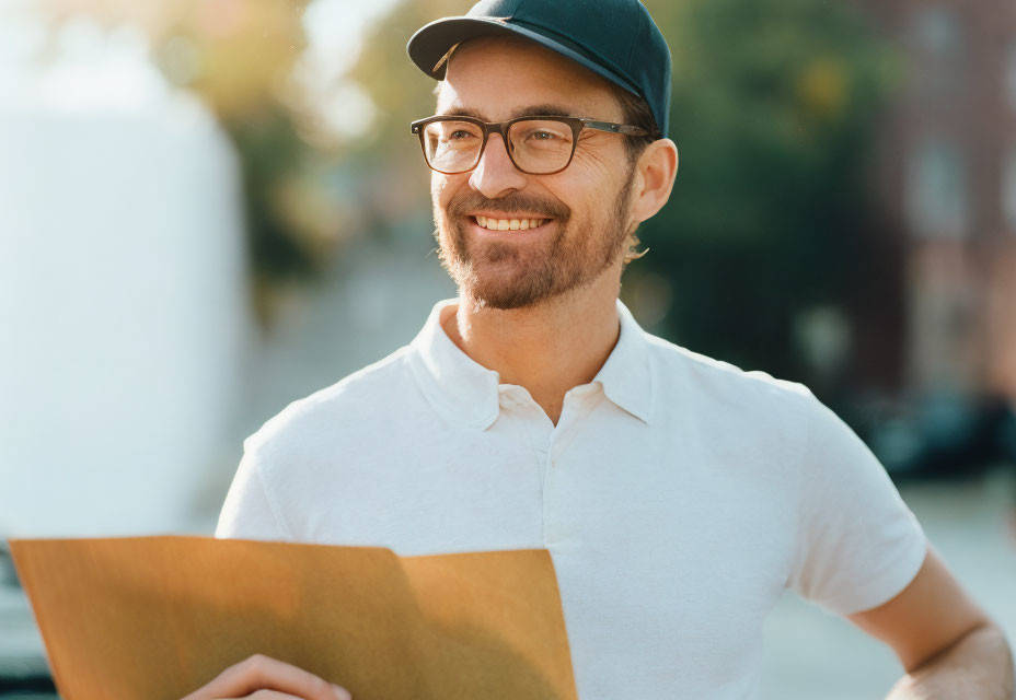 Bearded man in glasses and cap holding envelope outdoors