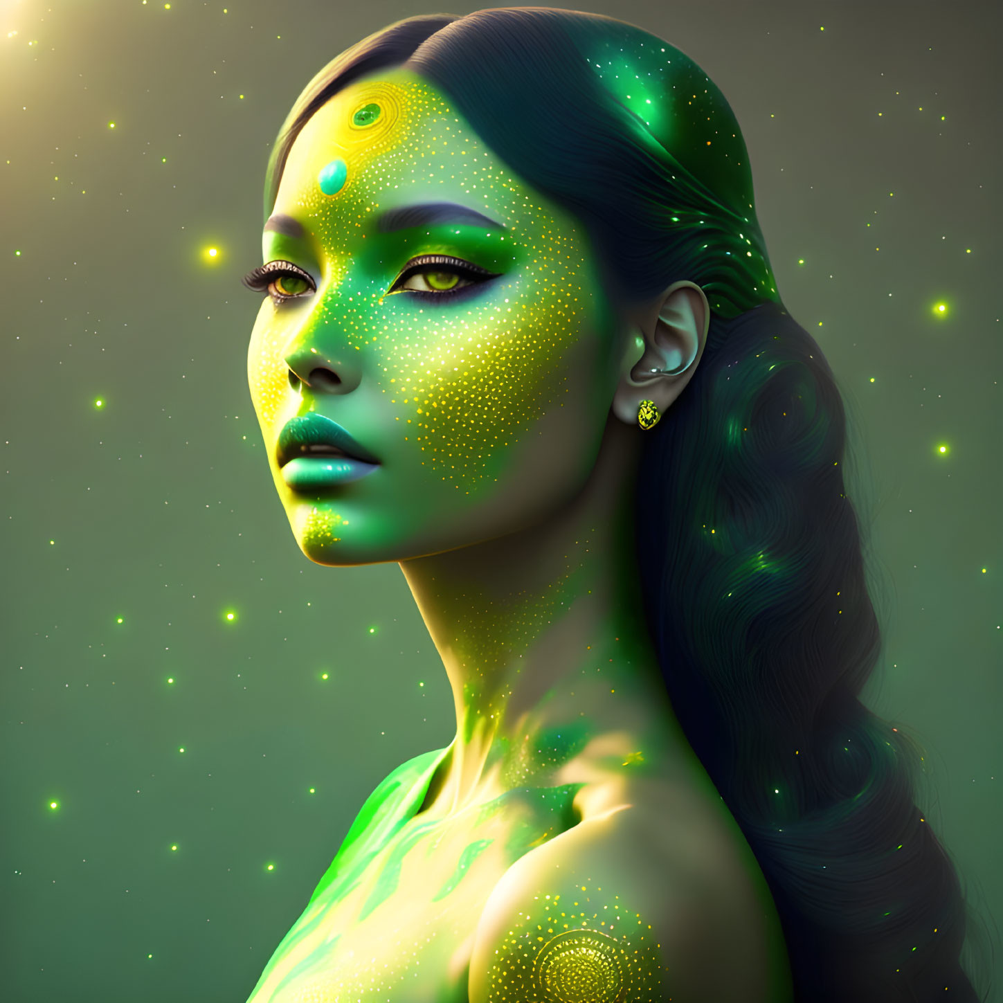 Woman with Glowing Green Skin and Third Eye Digital Art