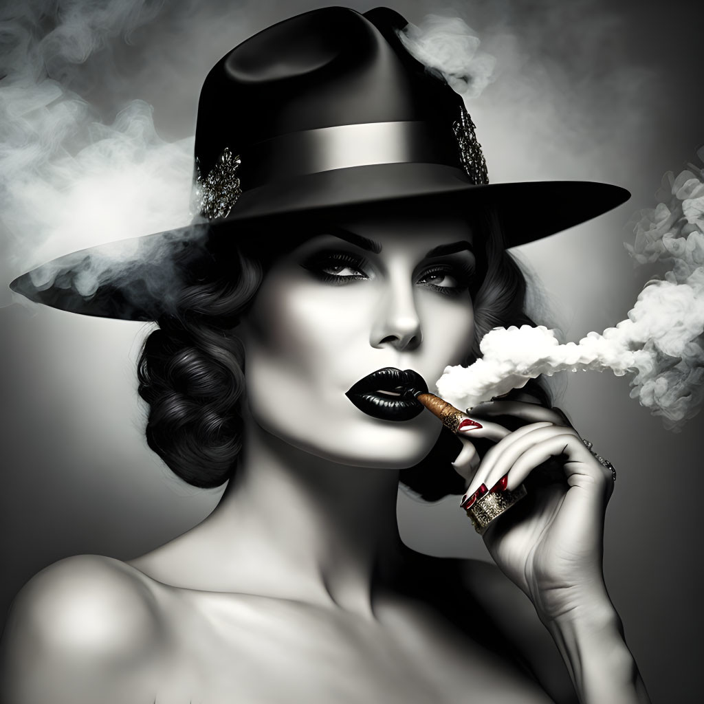 Monochromatic image of woman with dark lipstick and wide-brimmed hat smoking cigar