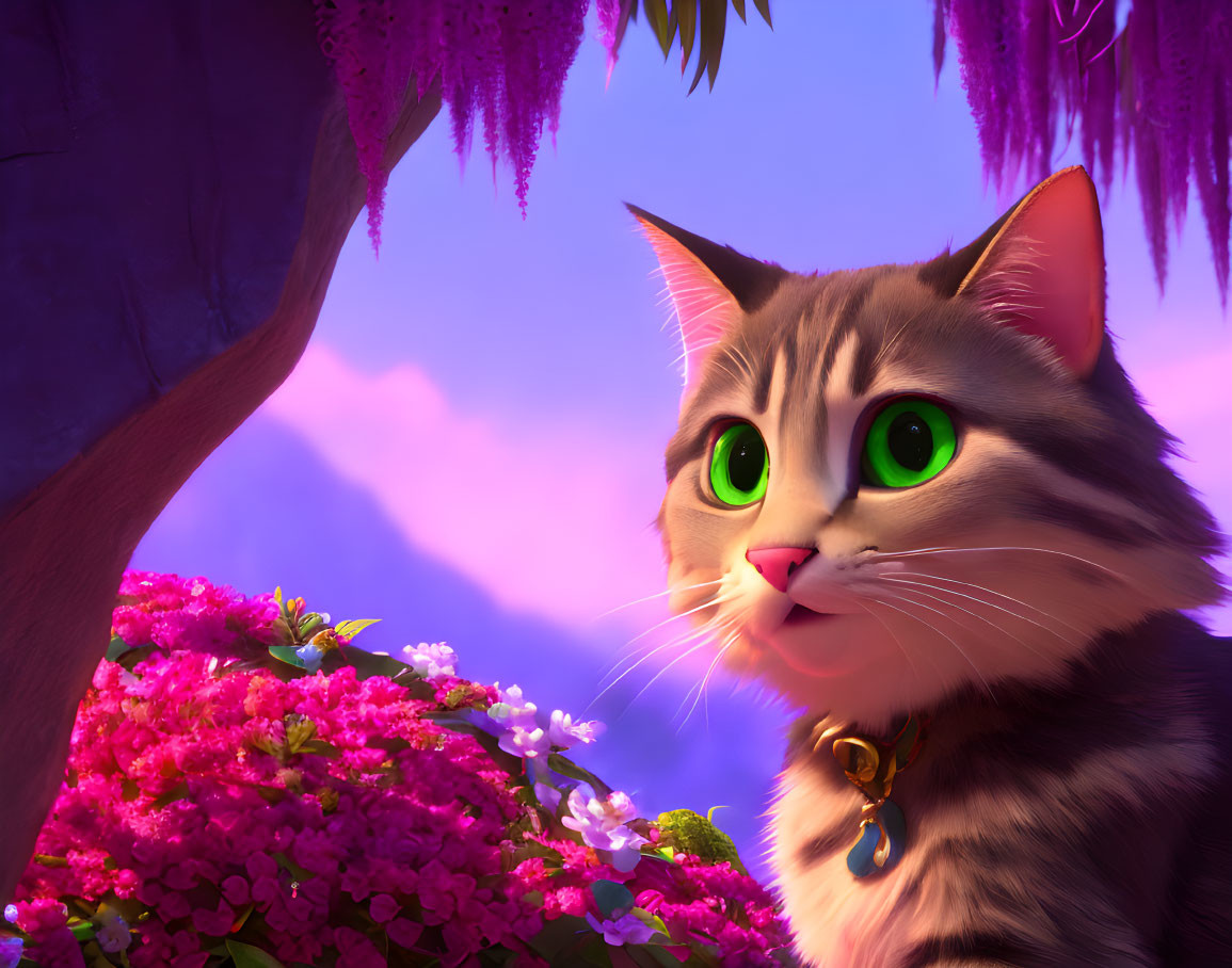 Cartoon Cat with Large Green Eyes in Enchanted Floral Scene