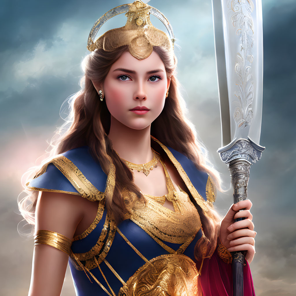 Female warrior with crown and sword in blue and gold outfit against cloudy sky