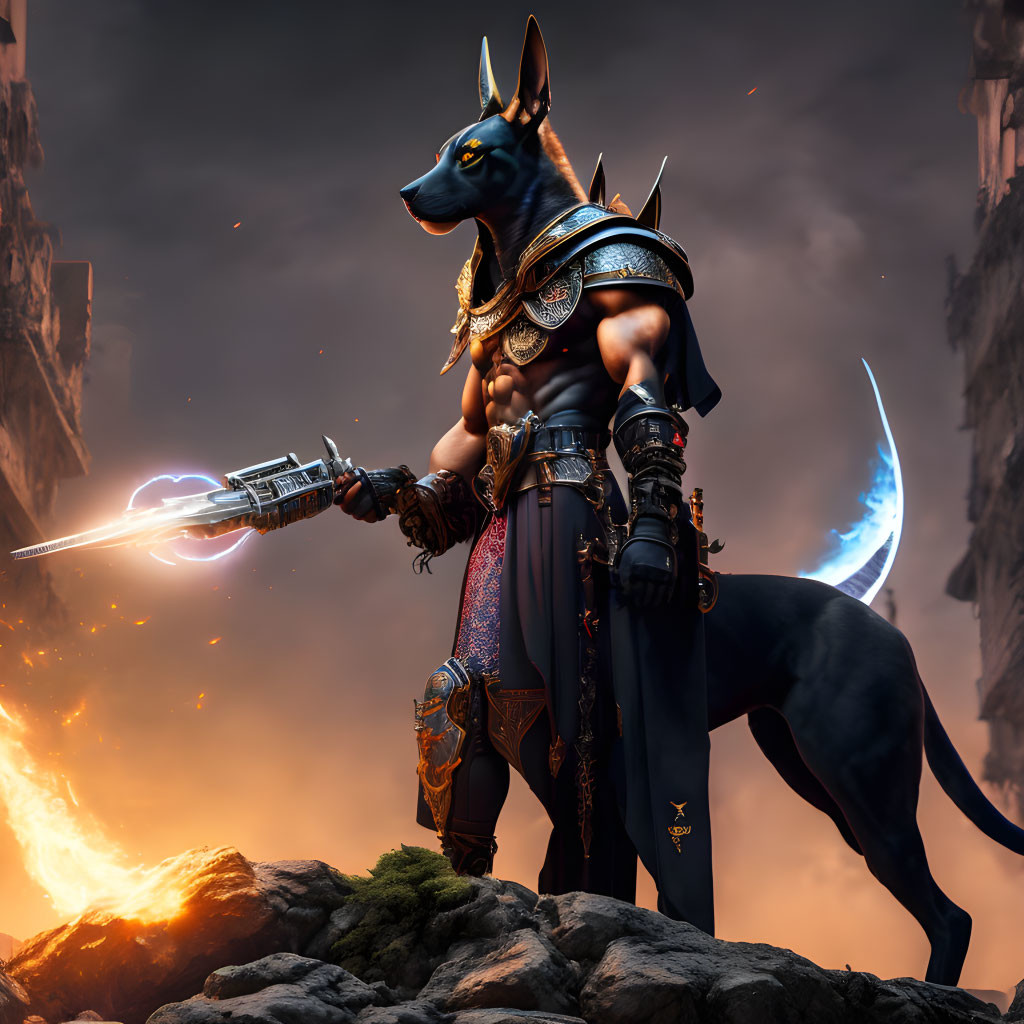 Jackal-headed humanoid in ornate armor wields glowing sword on rocky outcrop.