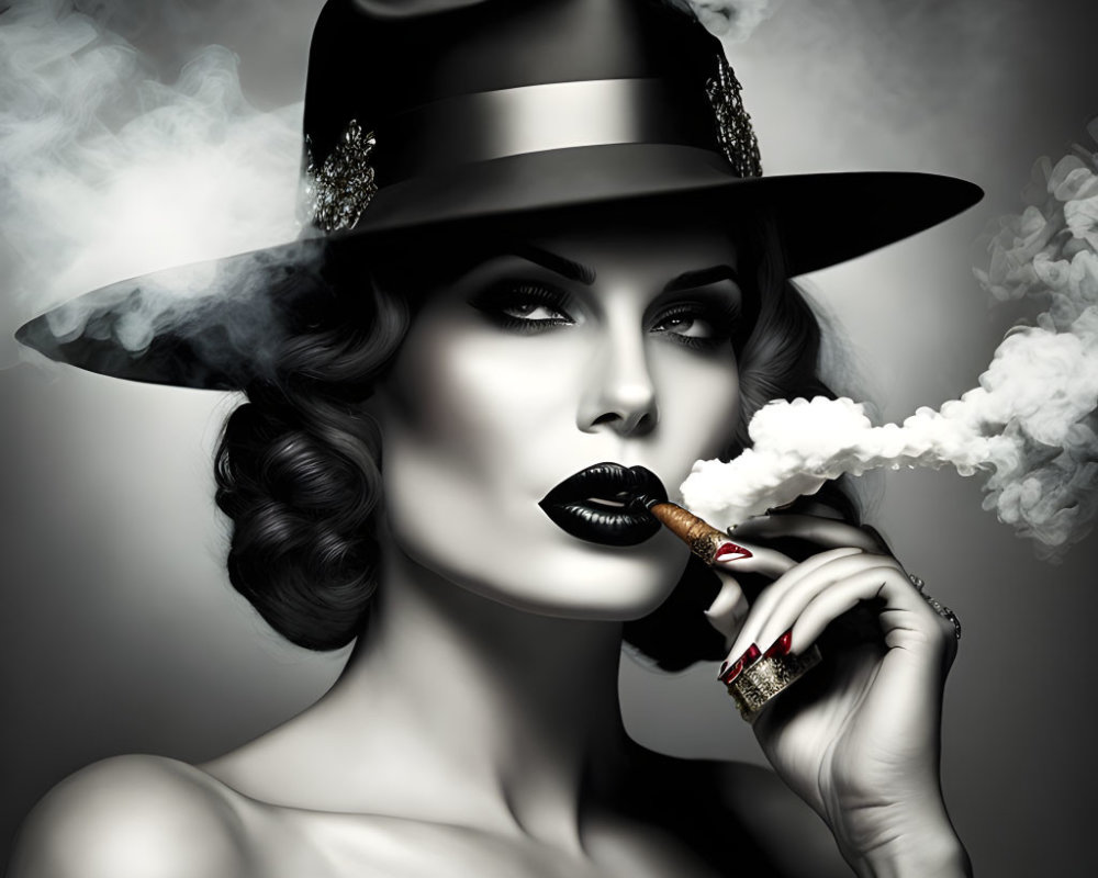 Monochromatic image of woman with dark lipstick and wide-brimmed hat smoking cigar