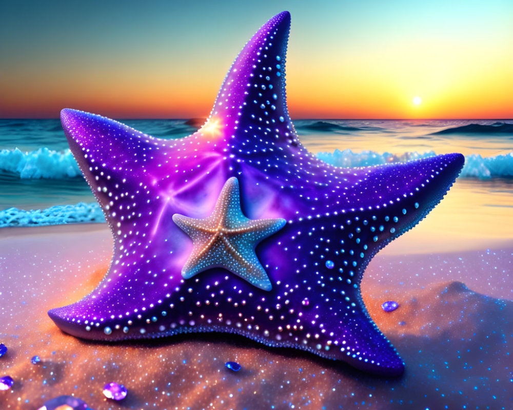 Colorful starfish illustration on sandy beach with cosmic pattern and sunset backdrop