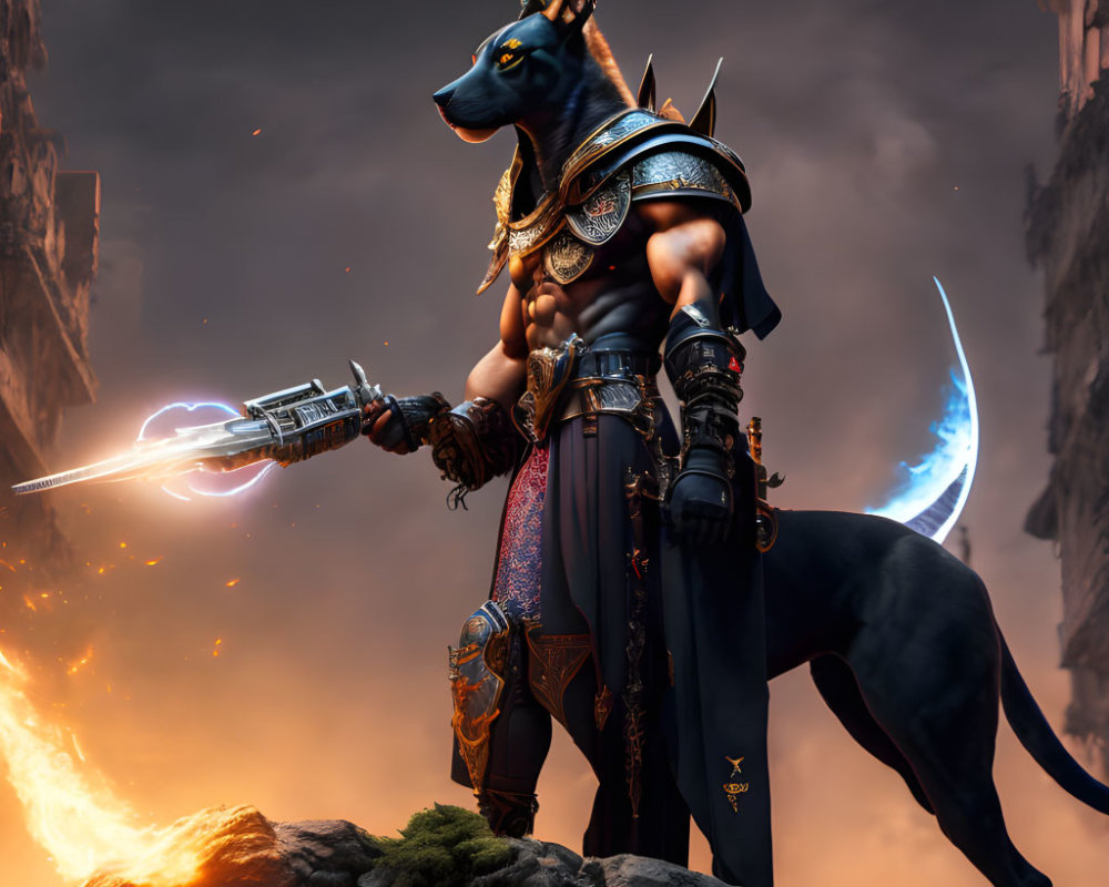 Jackal-headed humanoid in ornate armor wields glowing sword on rocky outcrop.