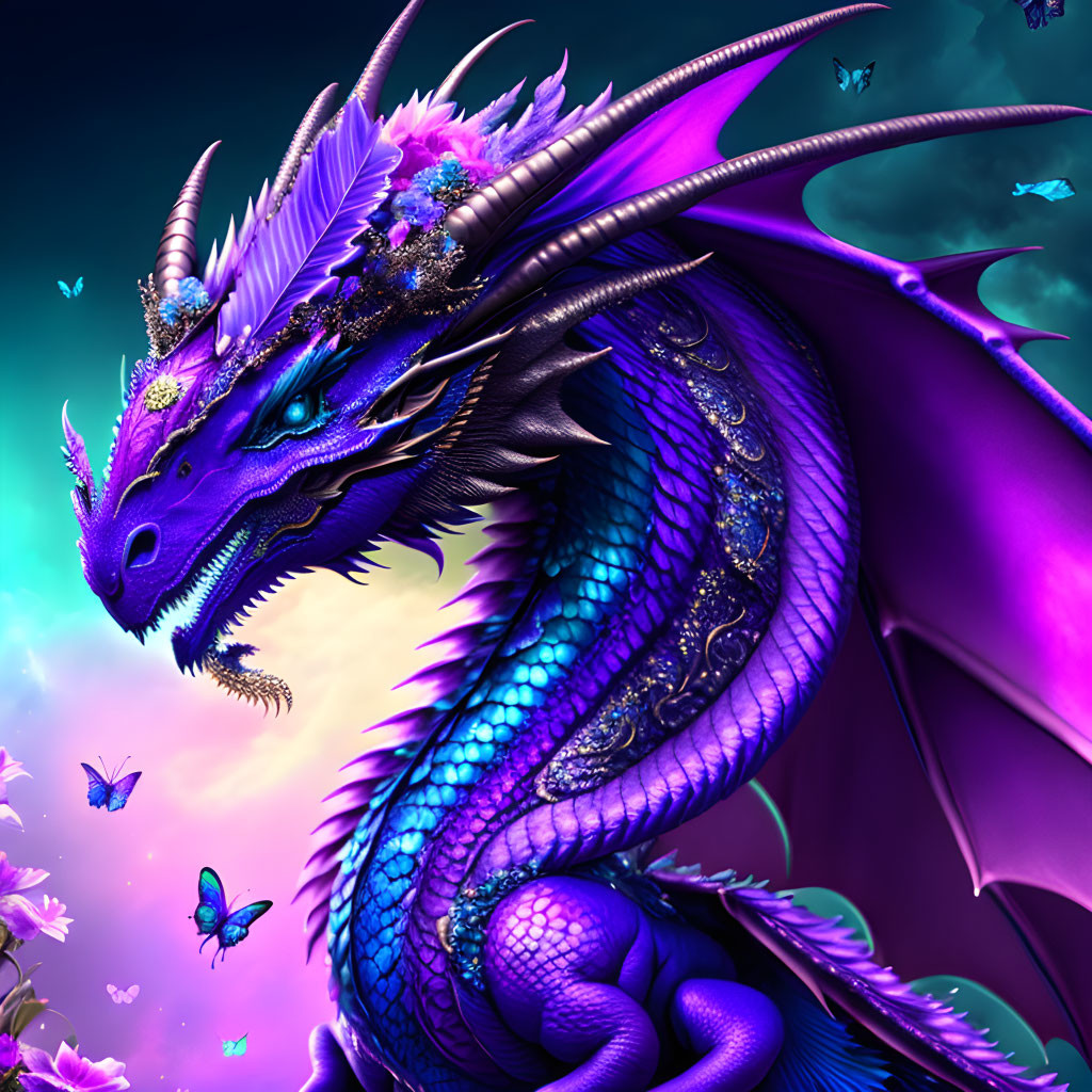 Blue-Purple Dragon with Butterflies in Twilight Sky