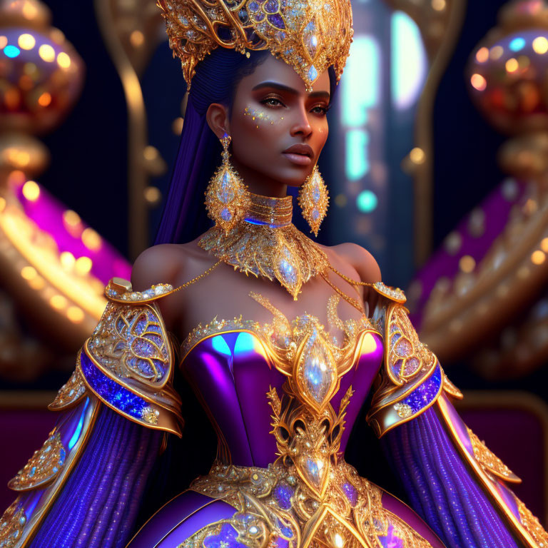 Regal Figure in Purple and Gold Gown with Ornate Jewelry