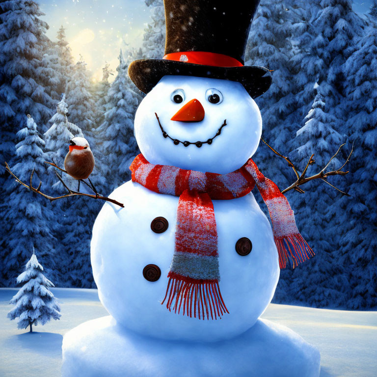 Snowman with top hat, red scarf, carrot nose, and twig arms in snowy forest with robin