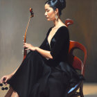 Elegant woman in black dress with cello and classic hairstyle