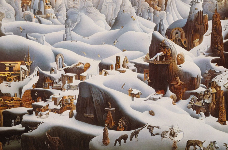 Surreal winter landscape with animal-shaped architecture and snowy hills