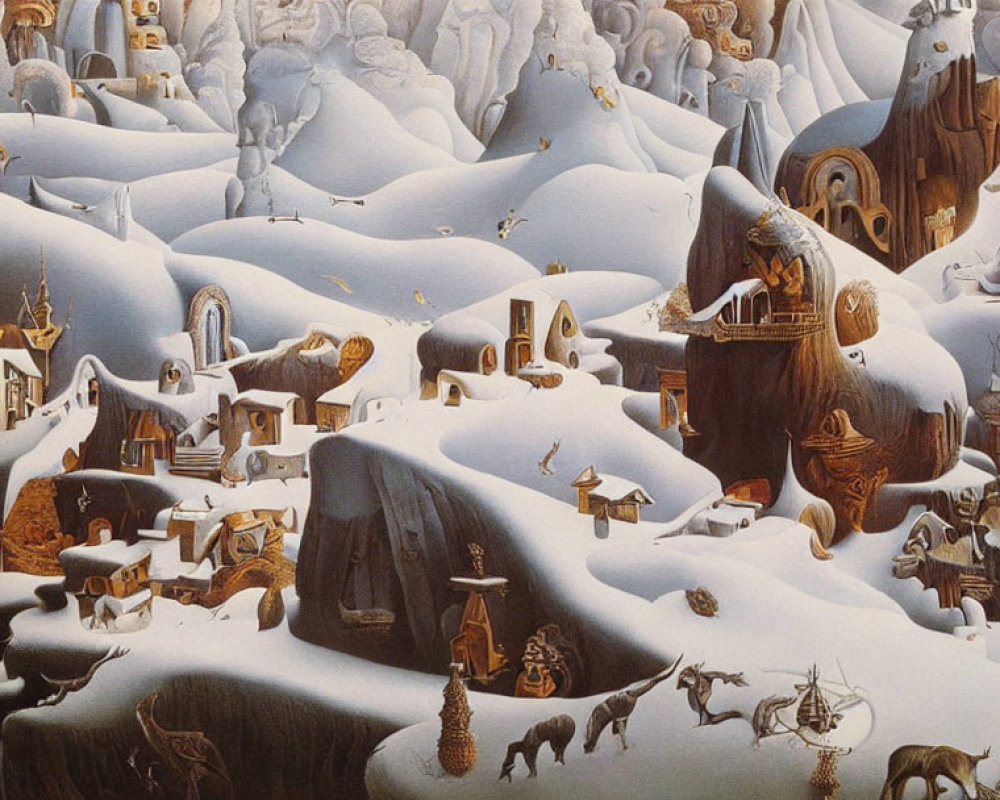 Surreal winter landscape with animal-shaped architecture and snowy hills