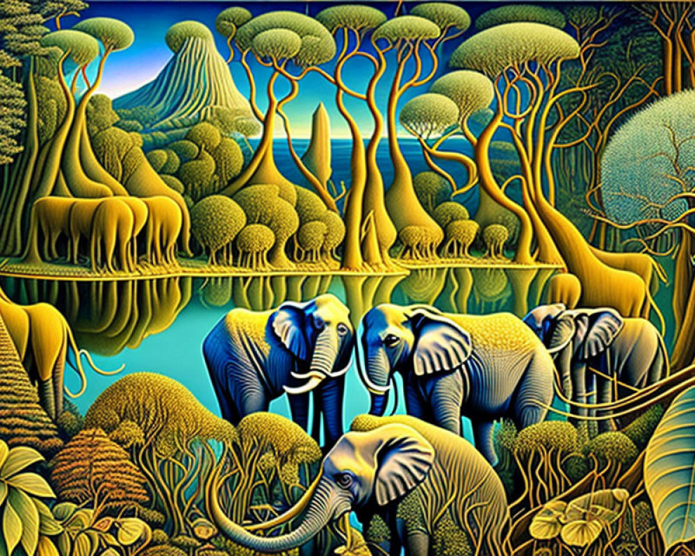 Colorful Elephants in Jungle with Volcano Scene