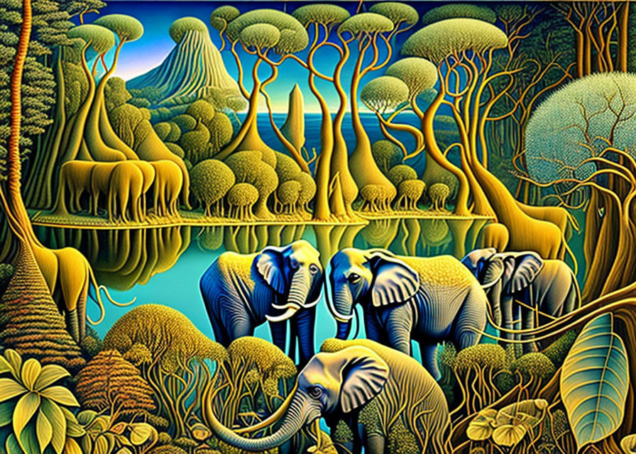 Colorful Elephants in Jungle with Volcano Scene