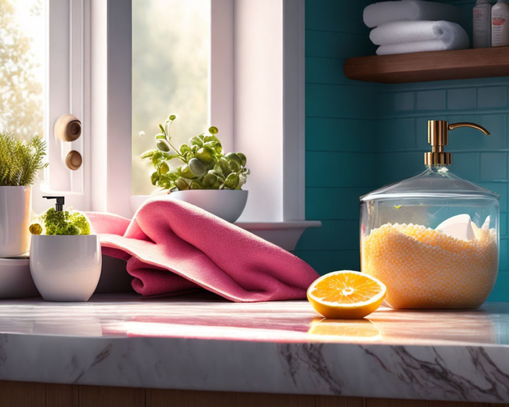 Natural light on marble bathroom countertop with pink towel, glass jar, orange, and plants