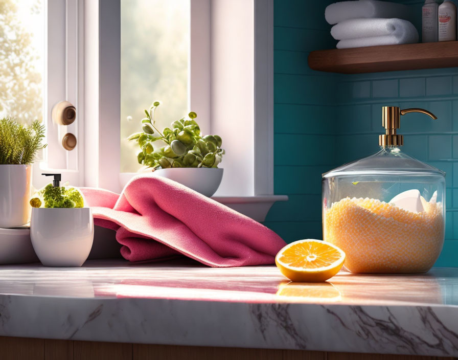 Natural light on marble bathroom countertop with pink towel, glass jar, orange, and plants