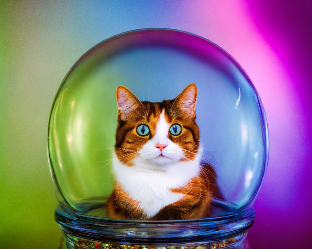 Blue-eyed cat in glass jar with transparent bubble around head