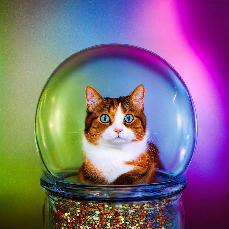 Blue-eyed cat in glass jar with transparent bubble around head