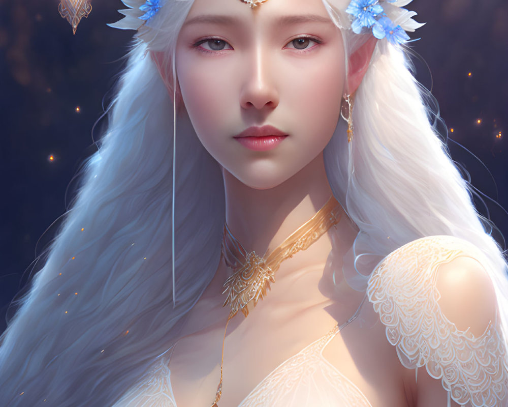 Ethereal woman with white hair and elfin ears, adorned with blue flowers and intricate gold jewelry