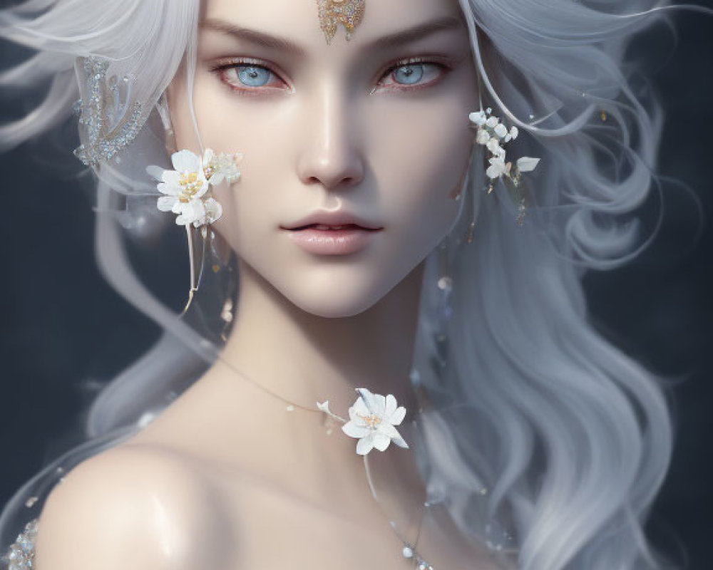 Fantasy character digital art: white hair, blue eyes, floral jewelry