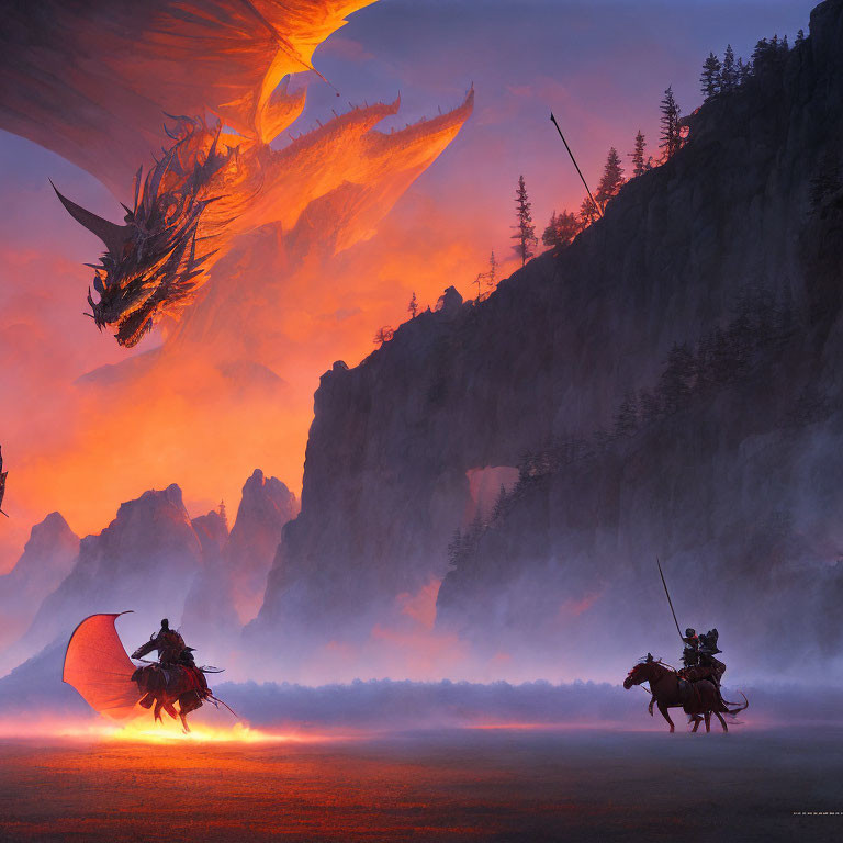 Warriors on horseback confront giant dragon in misty, fiery landscape