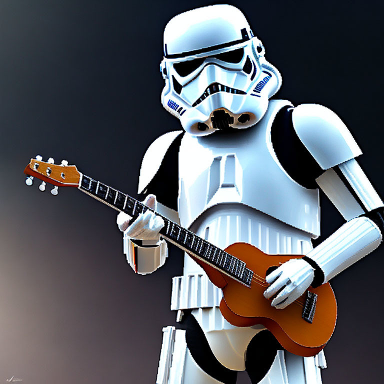 Stormtrooper Figurine with Acoustic Guitar on Dark Background