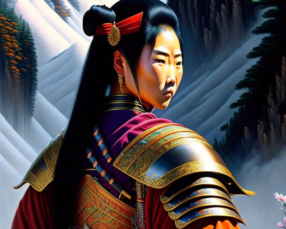 Illustrated woman in ancient warrior attire with stern expression in mountain landscape.