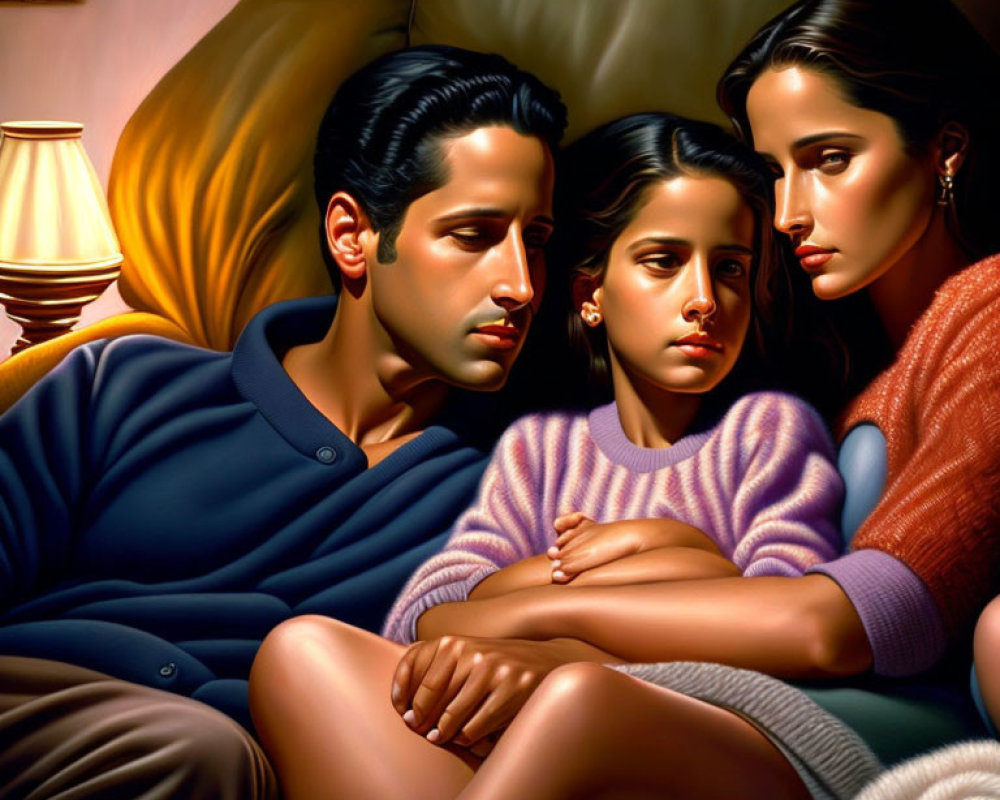 Stylized family portrait with warm lighting and intimate setting