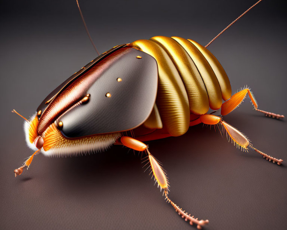 Detailed Digital Rendering of Exaggerated Beetle Features in Vibrant Orange and Brown Tones