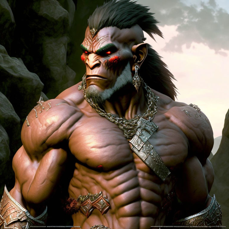 Red-eyed, fanged animated character in chains and armor on rocky background