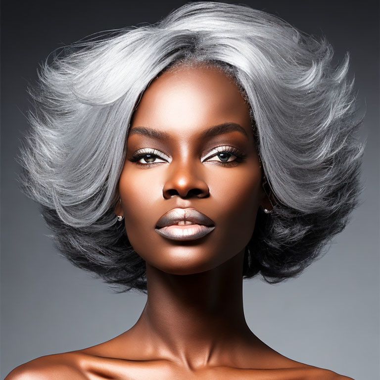 Portrait of Woman with Striking Silver Hair and Bold Makeup