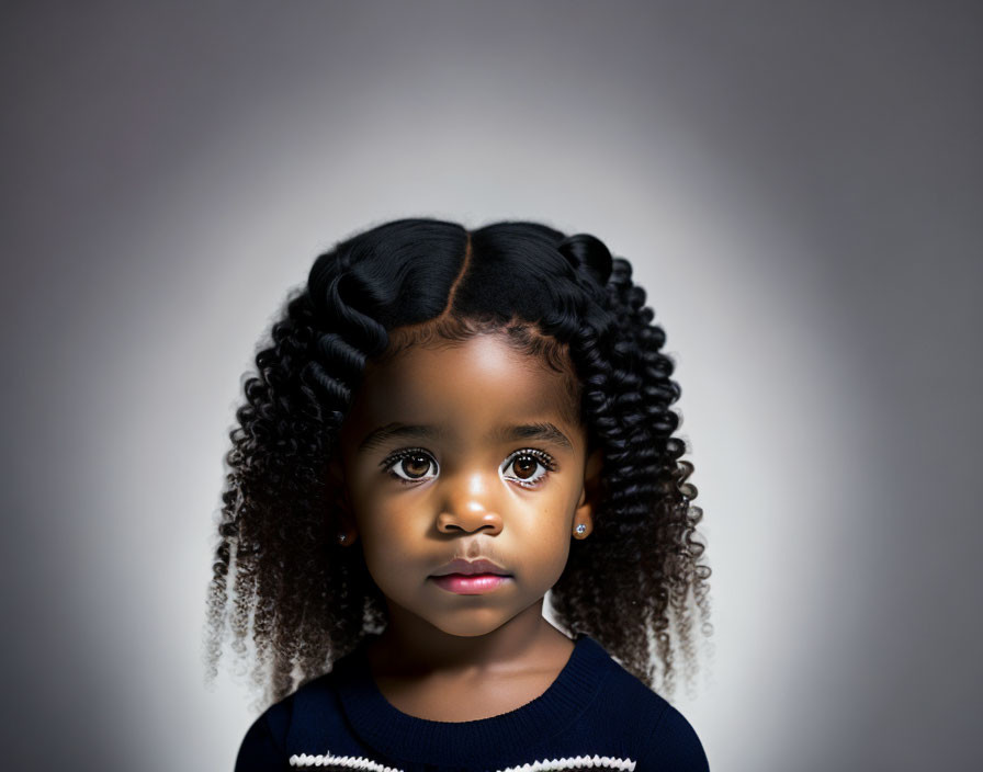 Young girl with braided hair and curly locks, big brown eyes, dark top, grey backdrop.