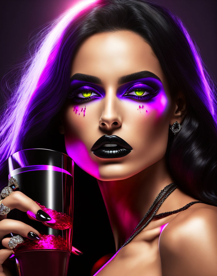 Woman with Striking Purple Makeup and Glass on Vibrant Pink and Purple Backdrop